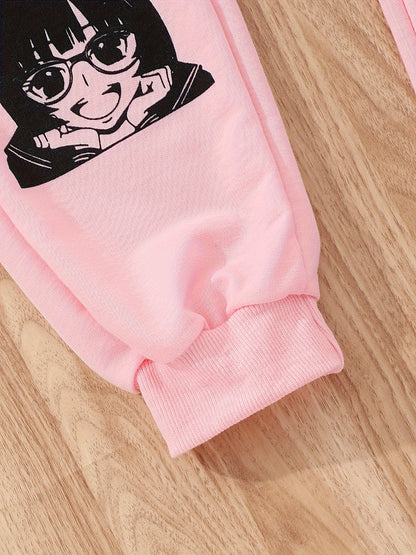 3 Pcs Pink Anime Crop Top + Jogger Pants Girls Set