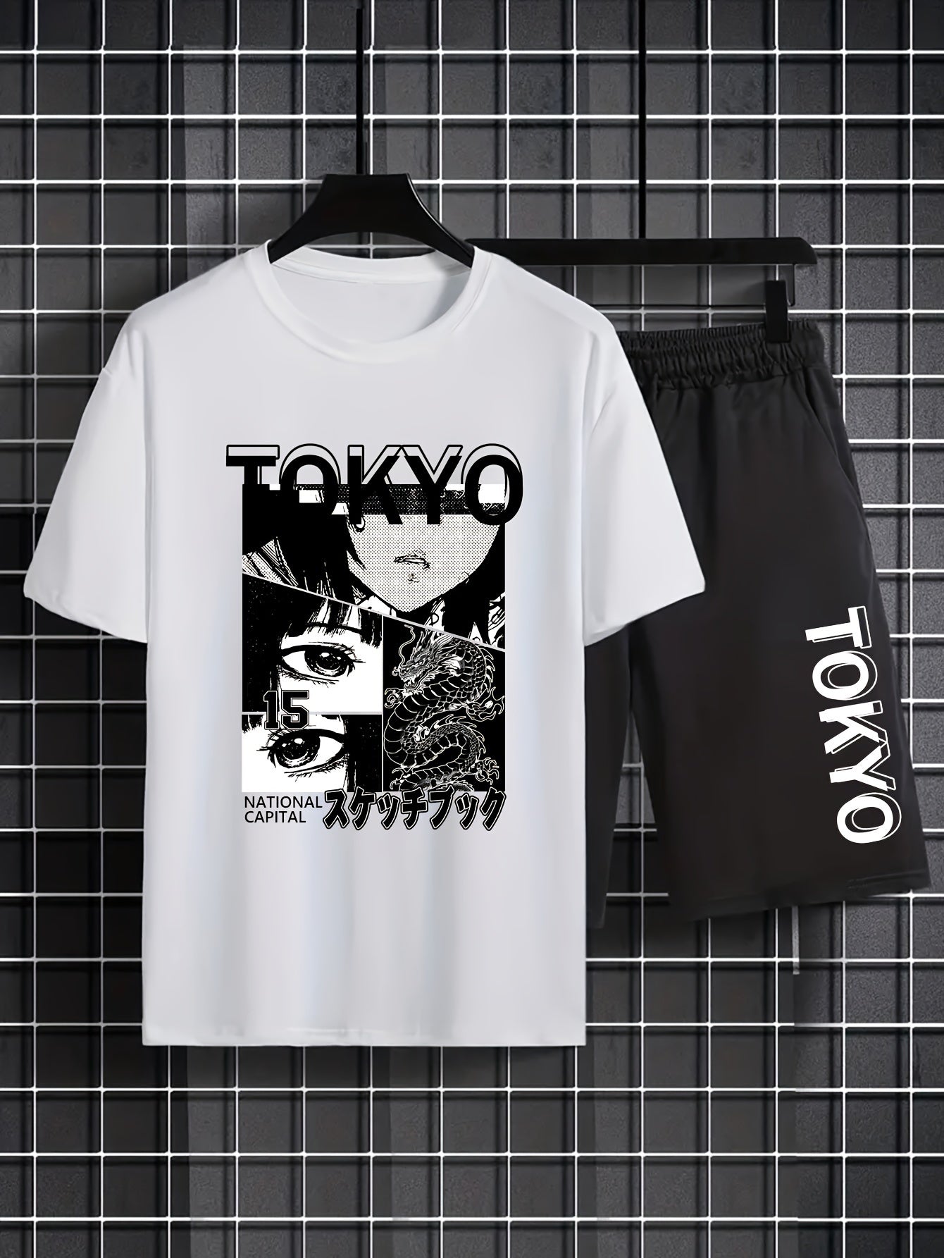 TOKYO Anime Pattern Print Men's 2pcs Short Sleeve Shorts Set