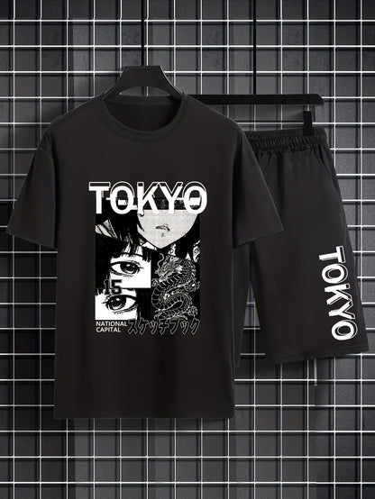 TOKYO Anime Pattern Print Men's 2pcs Short Sleeve Shorts Set