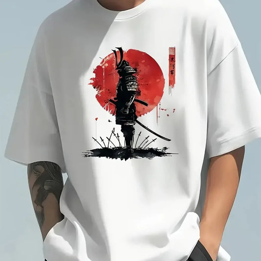 2026 Men's Spring and Summer Cotton Fashion Casual Japanese Samurai Print Round Neck Short Sleeve T-Shirt