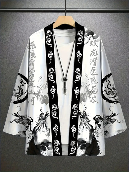 Men's Ink Dragon Totem Cape Print Loose-Fit Kimono Daily Wear Men's Japanese Traditional Kimono Mens Cape Kimono Style