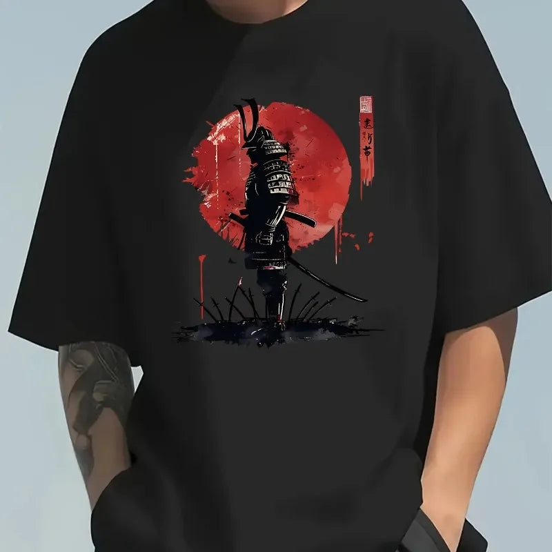 2026 Men's Spring and Summer Cotton Fashion Casual Japanese Samurai Print Round Neck Short Sleeve T-Shirt