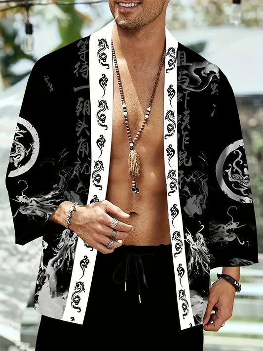 Men's Ink Dragon Totem Cape Print Loose-Fit Kimono Daily Wear Men's Japanese Traditional Kimono Mens Cape Kimono Style