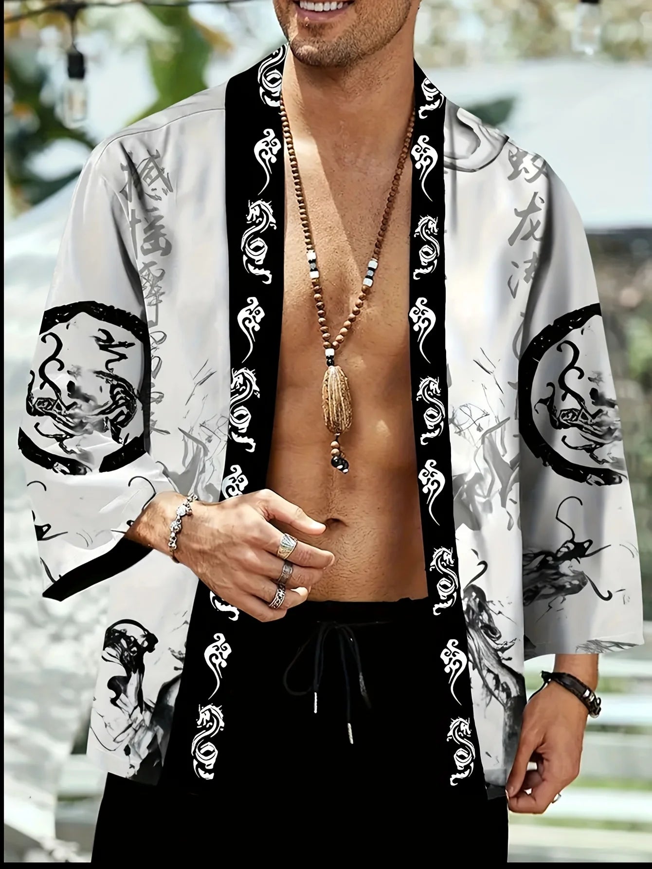 Men's Ink Dragon Totem Cape Print Loose-Fit Kimono Daily Wear Men's Japanese Traditional Kimono Mens Cape Kimono Style