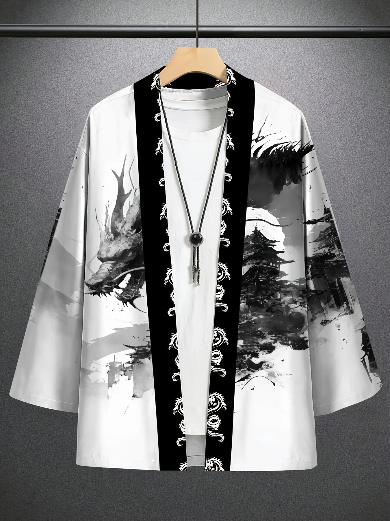 Men's Ink Dragon Totem Cape Print Loose-Fit Kimono Daily Wear Men's Japanese Traditional Kimono Mens Cape Kimono Style