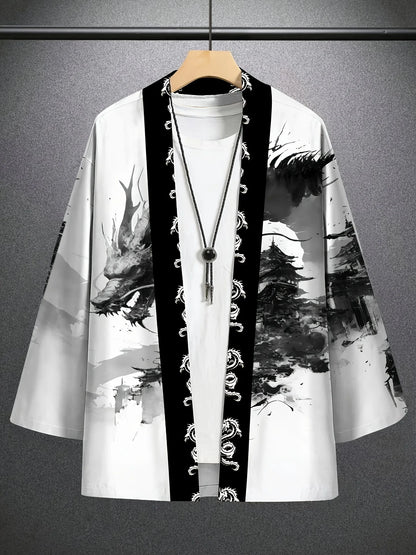 Men's Ink Dragon Totem Cape Print Loose-Fit Kimono Daily Wear Men's Japanese Traditional Kimono Mens Cape Kimono Style