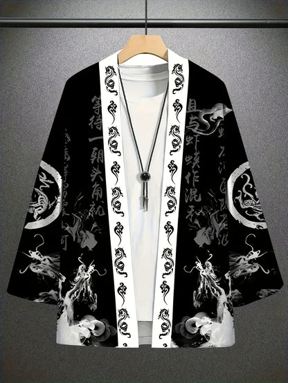 Men's Ink Dragon Totem Cape Print Loose-Fit Kimono Daily Wear Men's Japanese Traditional Kimono Mens Cape Kimono Style