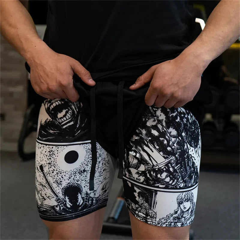 Gym Workout Running 2 in 1 Shorts for Men Stylish 3D Print Compression Shorts wih Pockets Summer Athletic Quick Dry Breathable