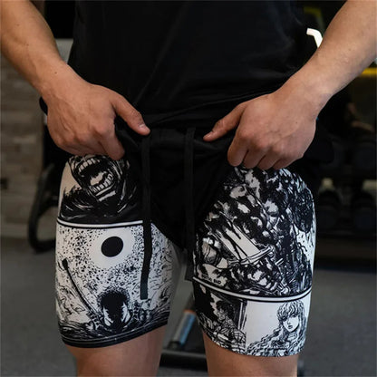 Gym Workout Running 2 in 1 Shorts for Men Stylish 3D Print Compression Shorts wih Pockets Summer Athletic Quick Dry Breathable