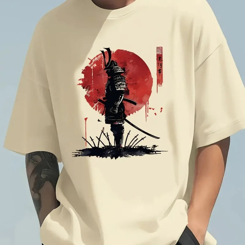 2026 Men's Spring and Summer Cotton Fashion Casual Japanese Samurai Print Round Neck Short Sleeve T-Shirt