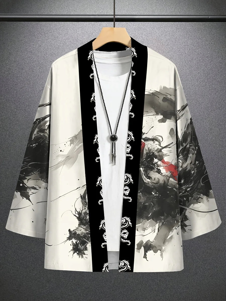 Men's Ink Dragon Totem Cape Print Loose-Fit Kimono Daily Wear Men's Japanese Traditional Kimono Mens Cape Kimono Style