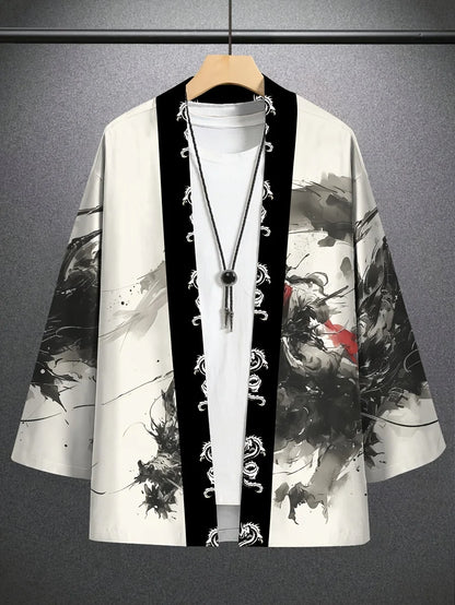 Men's Ink Dragon Totem Cape Print Loose-Fit Kimono Daily Wear Men's Japanese Traditional Kimono Mens Cape Kimono Style