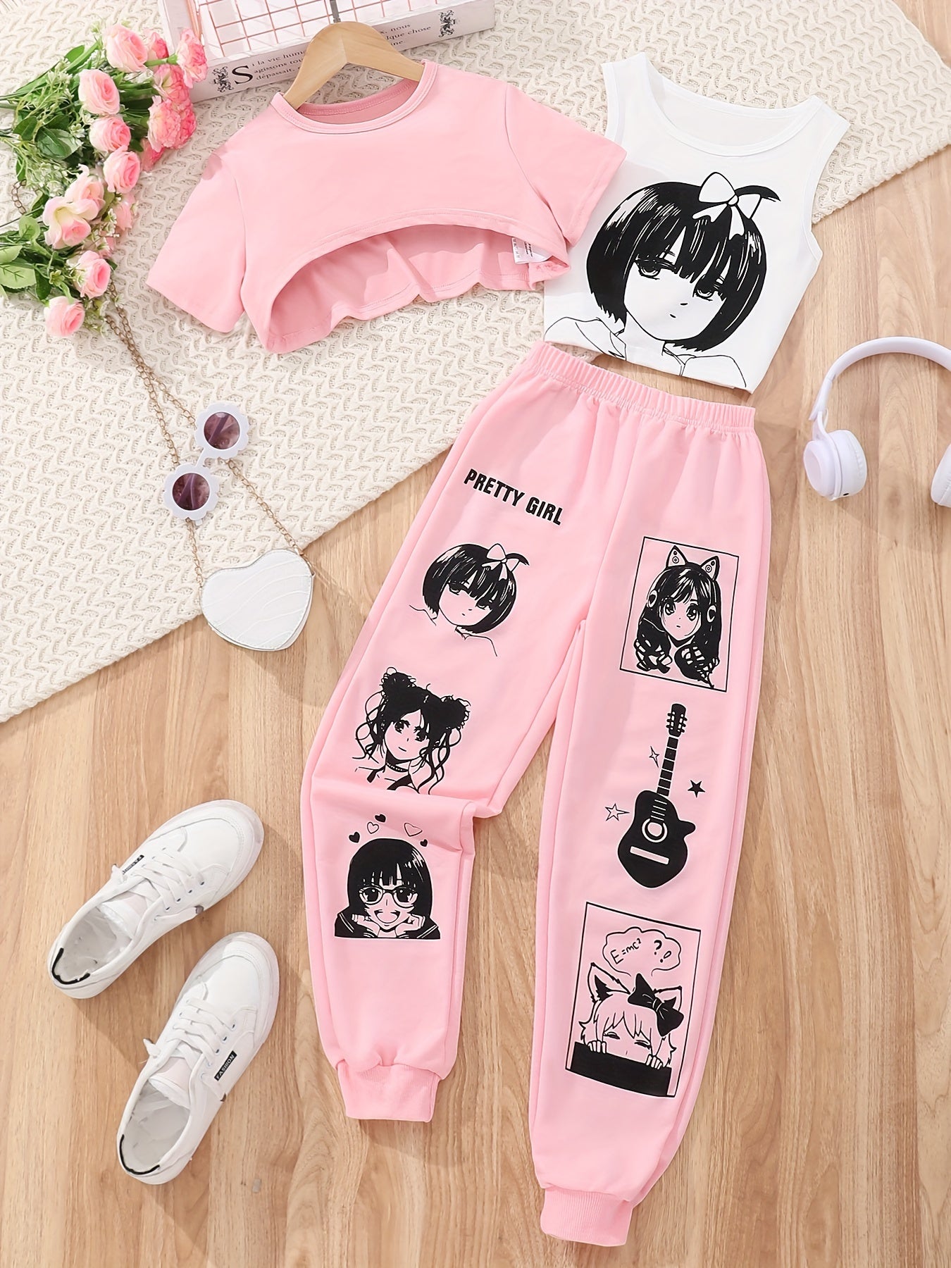 3 Pcs Pink Anime Crop Top + Jogger Pants Girls Set