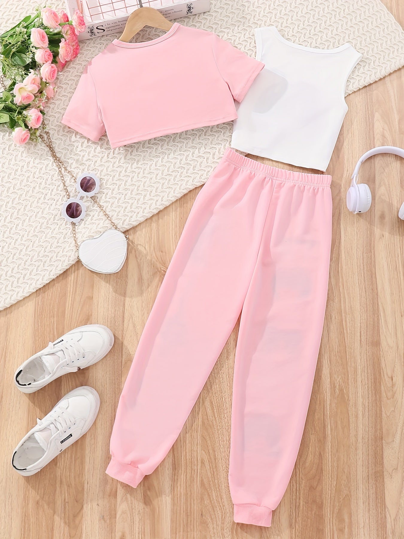 3 Pcs Pink Anime Crop Top + Jogger Pants Girls Set