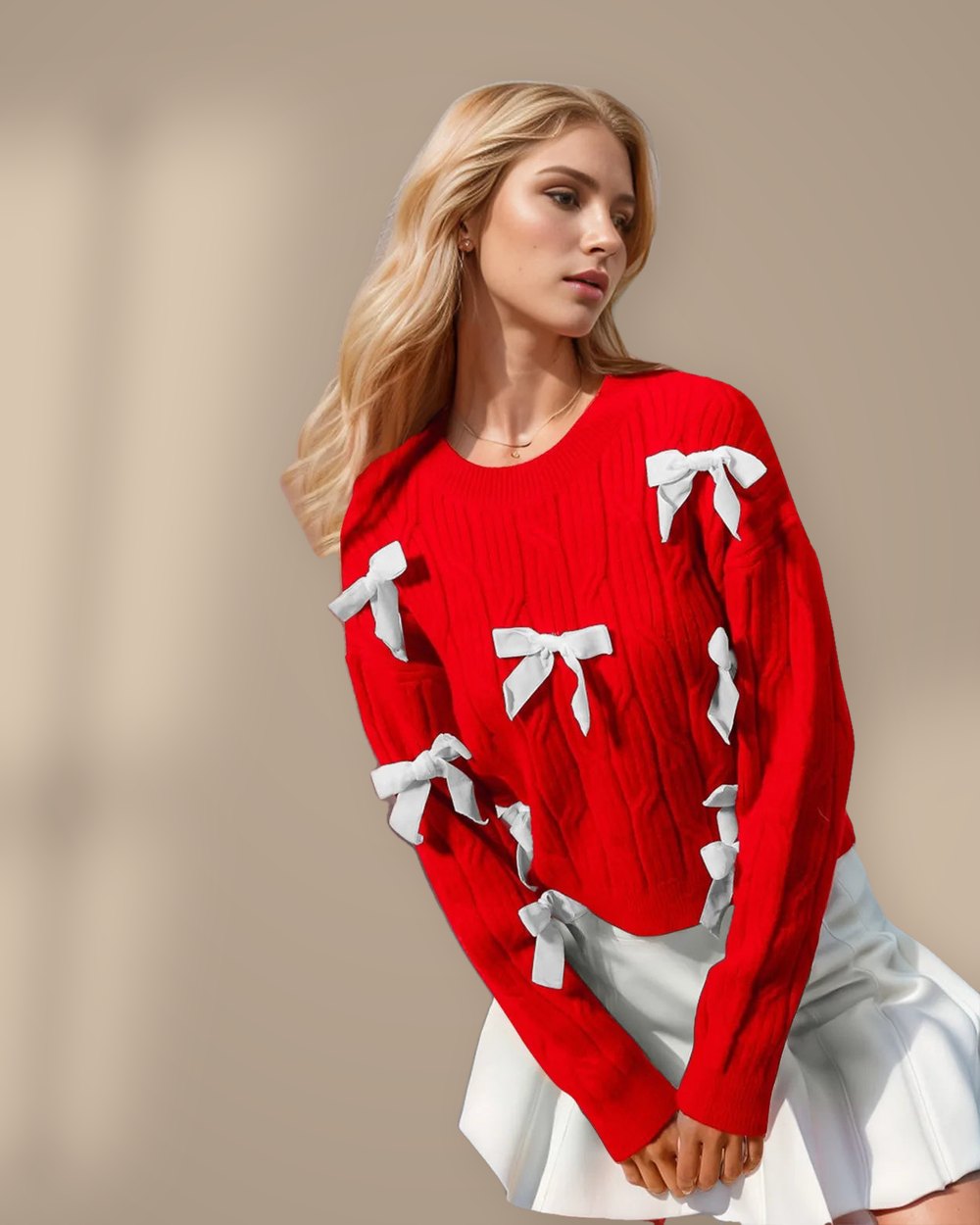 Bow Cable-Knit Sweater in red