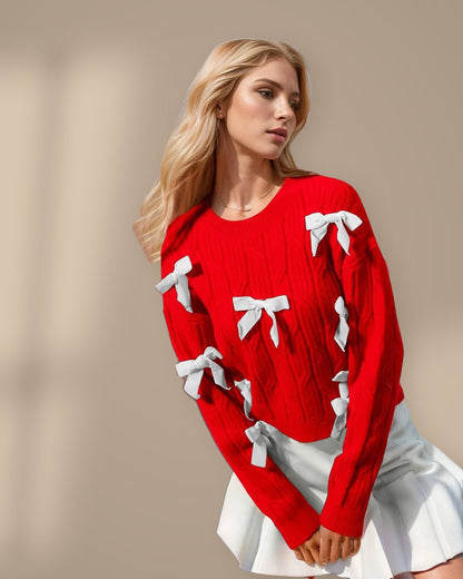 Bow Cable-Knit Sweater in red