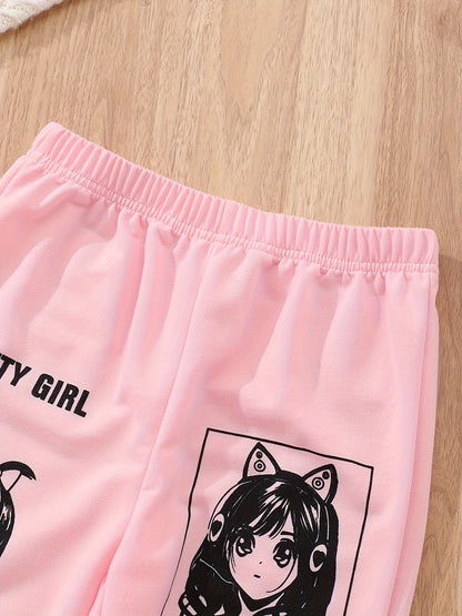 3 Pcs Pink Anime Crop Top + Jogger Pants Girls Set