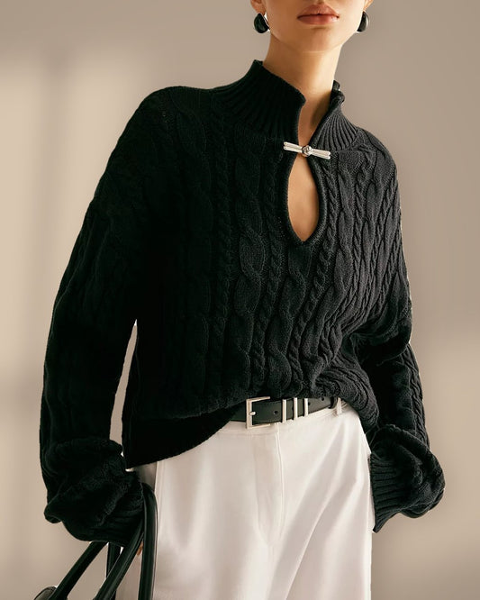 Keyhole Cable-Knit Sweater in black