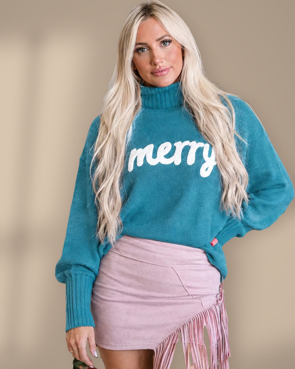Merry Christmas Turtleneck Sweater in pastel blue
