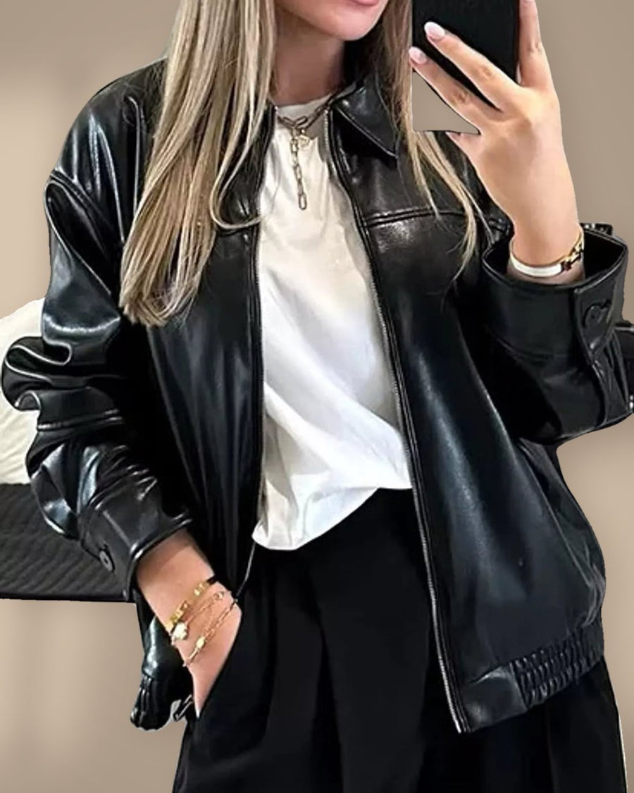 Zip-Up Dropped Shoulder Jacket in black
